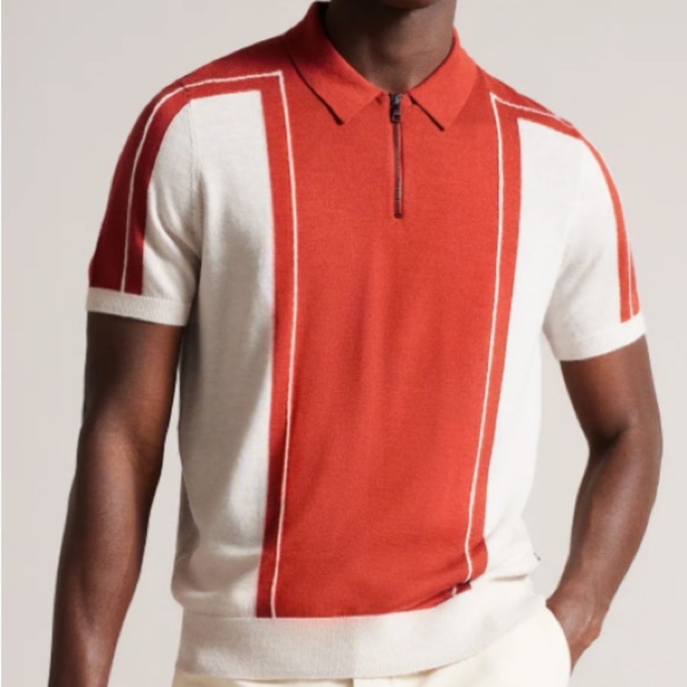 TED BAKER LONDON JESTY SS Zip Neck Merino T Polo 100% Wool Cream & Orange Polo